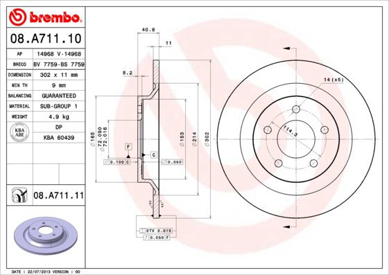 

BREMBO brzdový kotouč 08.A711.11, sada 2 ks