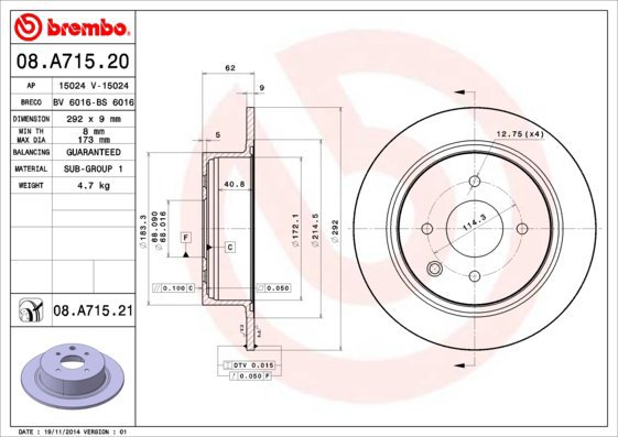 

BREMBO brzdový kotouč 08.A715.21, sada 2 ks