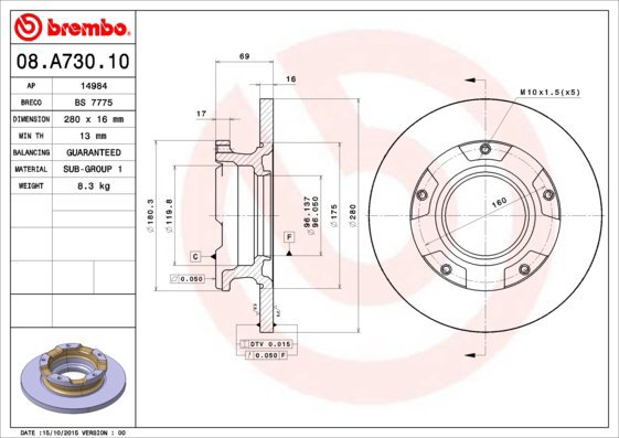 

BREMBO brzdový kotouč 08.A730.10, sada 2 ks