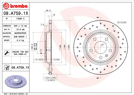 

BREMBO brzdový kotouč 08.A759.1X, sada 2 ks