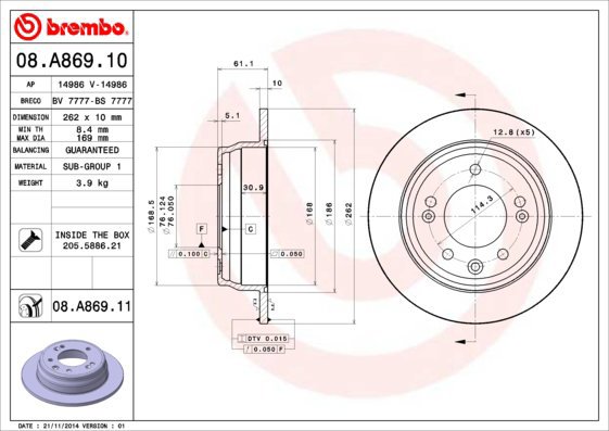 

BREMBO brzdový kotouč 08.A869.11, sada 2 ks