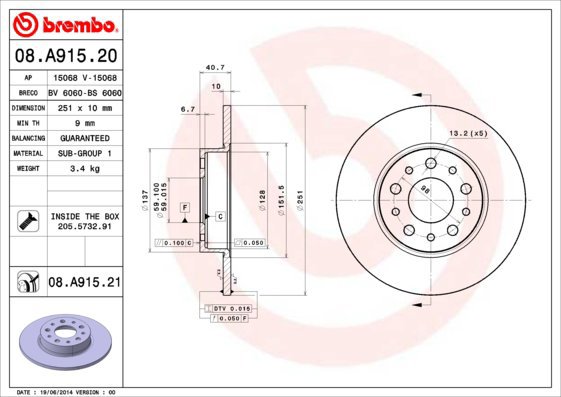 

BREMBO brzdový kotouč 08.A915.21, sada 2 ks