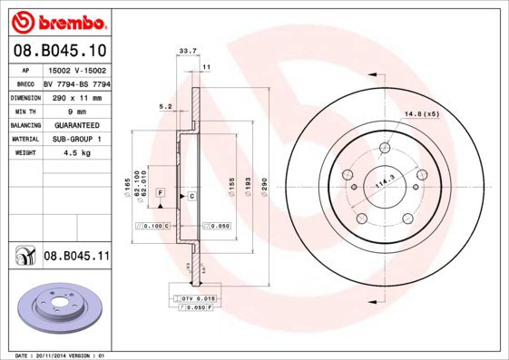 

BREMBO brzdový kotouč 08.B045.11, sada 2 ks