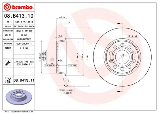 

BREMBO Kotouč brzd OC2 272 ZADNÍ 08.B413.11, sada 2 ks