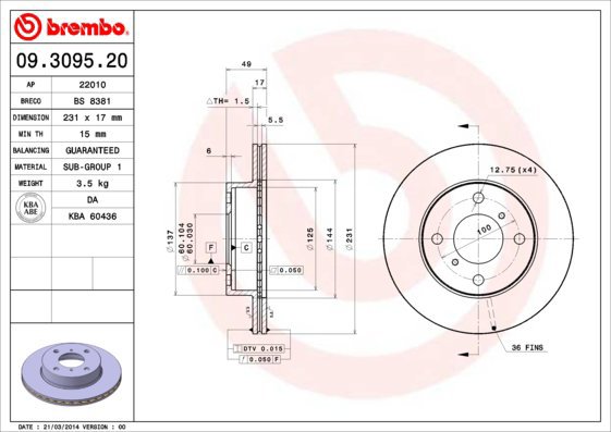 

BREMBO brzdový kotouč 09.3095.20, sada 2 ks