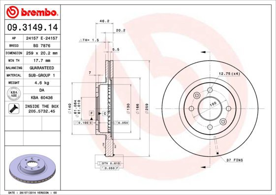 

BREMBO brzdový kotouč 09.3149.14, sada 2 ks