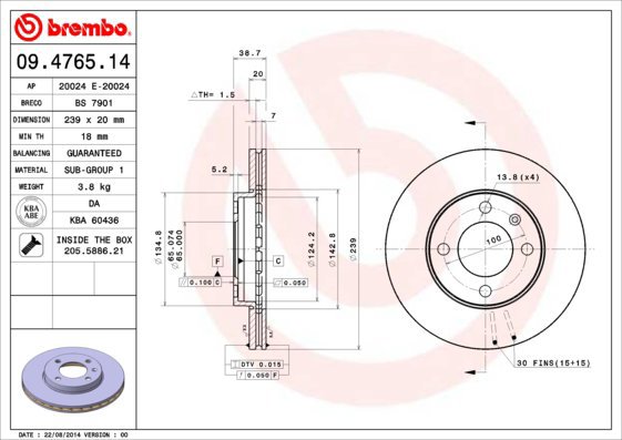 

BREMBO brzdový kotouč 09.4765.14, sada 2 ks
