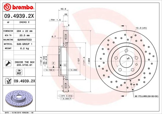 

BREMBO brzdový kotouč 09.4939.2X, sada 2 ks