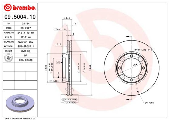 

BREMBO brzdový kotouč 09.5004.10, sada 2 ks