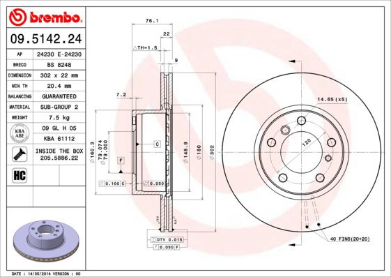 

BREMBO brzdový kotouč 09.5142.24, sada 2 ks