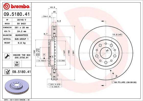 

BREMBO brzdový kotouč 09.5180.41, sada 2 ks