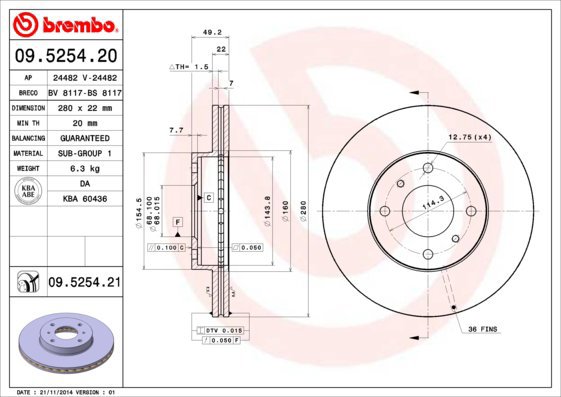 

BREMBO brzdový kotouč 09.5254.21, sada 2 ks
