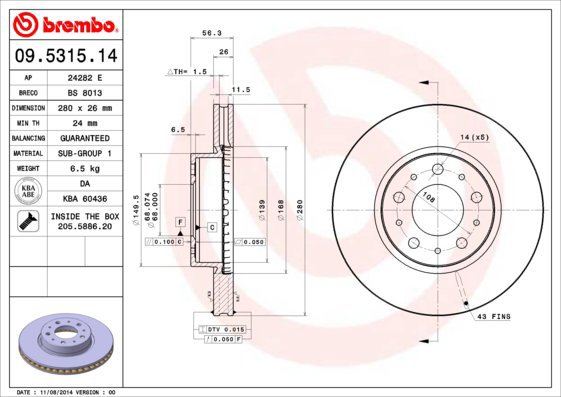 

BREMBO brzdový kotouč 09.5315.14, sada 2 ks