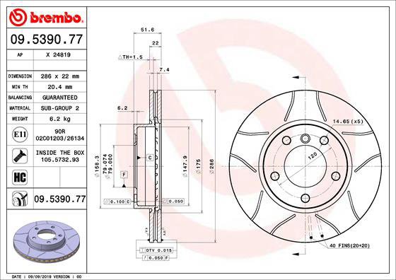 

BREMBO brzdový kotouč 09.5390.77, sada 2 ks
