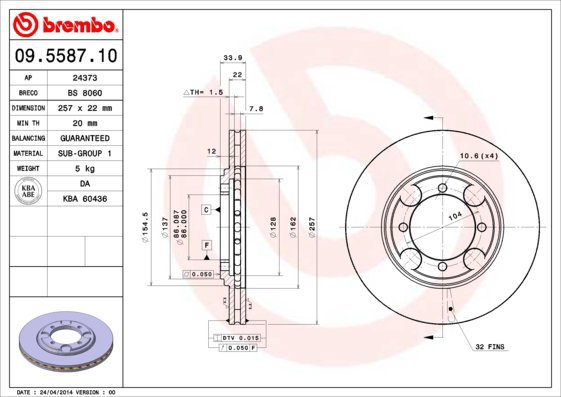 

BREMBO brzdový kotouč 09.5587.10, sada 2 ks