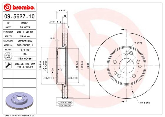 

BREMBO brzdový kotouč 09.5627.10, sada 2 ks