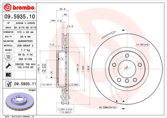 

BREMBO brzdový kotouč 09.5935.11, sada 2 ks