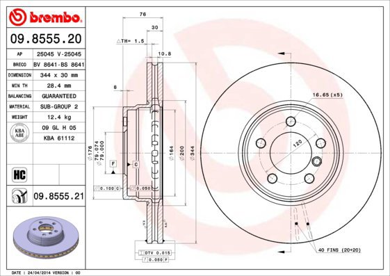 

BREMBO brzdový kotouč 09.8555.21, sada 2 ks