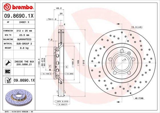 

BREMBO brzdový kotouč 09.8690.1X, sada 2 ks