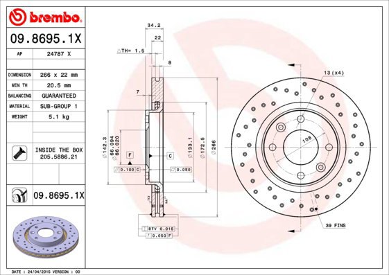 

BREMBO brzdový kotouč 09.8695.1X, sada 2 ks