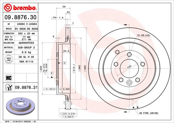 

BREMBO brzdový kotouč 09.8876.31, sada 2 ks