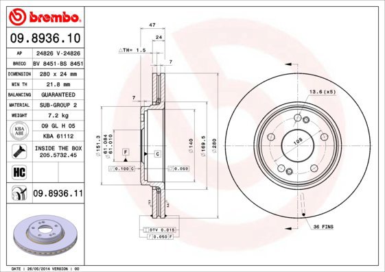 

BREMBO brzdový kotouč 09.8936.11, sada 2 ks