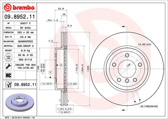 

BREMBO brzdový kotouč 09.8952.11, sada 2 ks