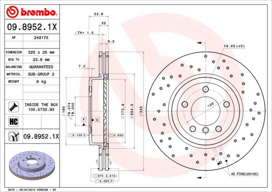 

BREMBO brzdový kotouč 09.8952.1X, sada 2 ks