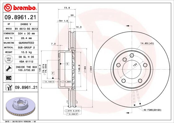 

BREMBO brzdový kotouč 09.8961.21, sada 2 ks
