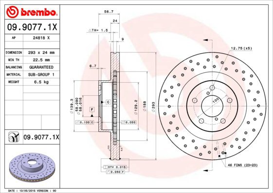 

BREMBO brzdový kotouč 09.9077.1X, sada 2 ks