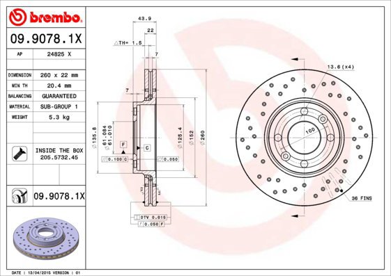 

BREMBO brzdový kotouč 09.9078.1X, sada 2 ks