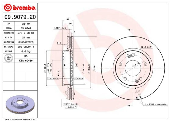 

BREMBO brzdový kotouč 09.9079.20, sada 2 ks