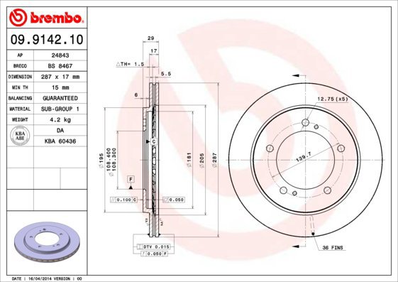 

BREMBO brzdový kotouč 09.9142.10, sada 2 ks