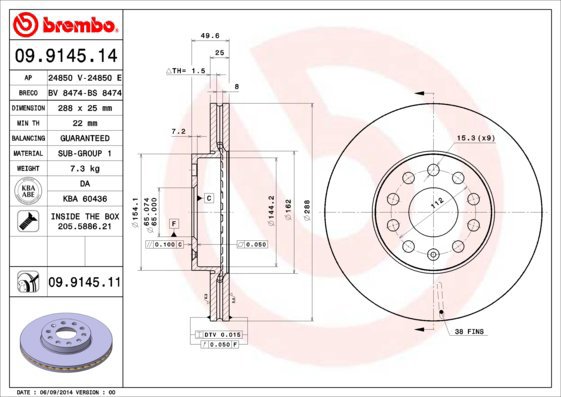 

BREMBO Kotouč brzd OC2 288 BREMBO 09.9145.14, sada 2 ks