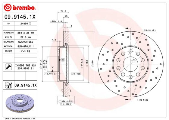 

BREMBO brzdový kotouč 09.9145.1X, sada 2 ks