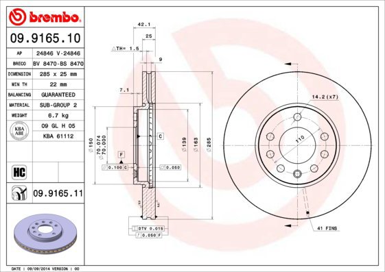 

BREMBO brzdový kotouč 09.9165.11, sada 2 ks