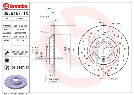 

BREMBO brzdový kotouč 09.9167.1X, sada 2 ks