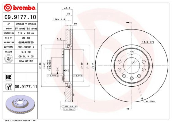 

BREMBO brzdový kotouč 09.9177.11, sada 2 ks