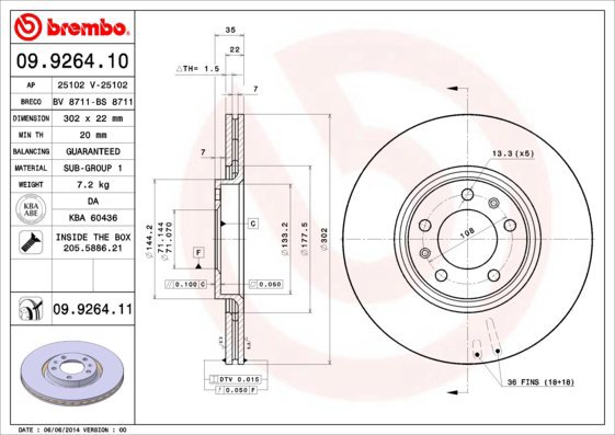 

BREMBO brzdový kotouč 09.9264.11, sada 2 ks