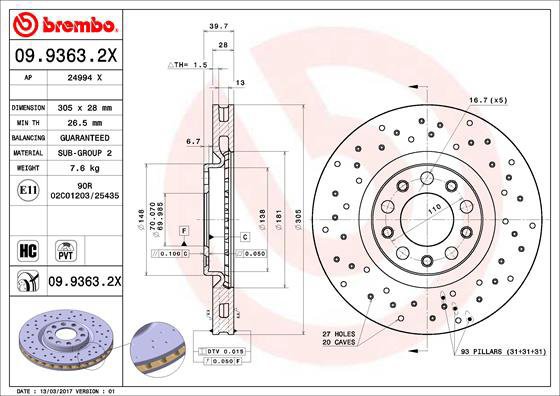 

BREMBO brzdový kotouč 09.9363.2X, sada 2 ks