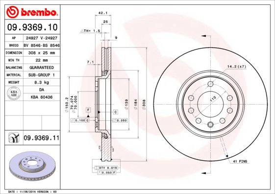 

BREMBO brzdový kotouč 09.9369.11, sada 2 ks