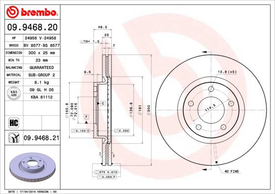 

BREMBO brzdový kotouč 09.9468.21, sada 2 ks