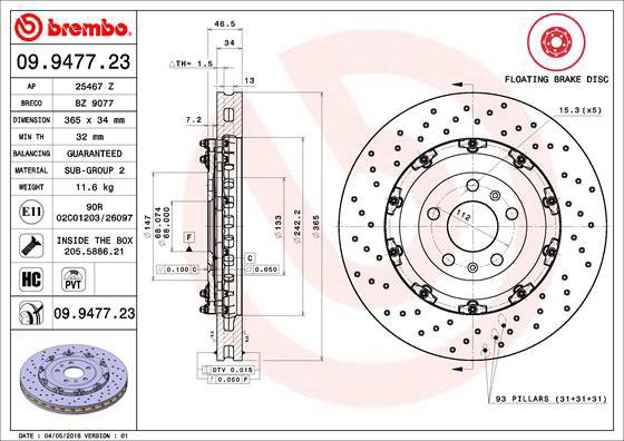 

BREMBO brzdový kotouč 09.9477.23, sada 2 ks