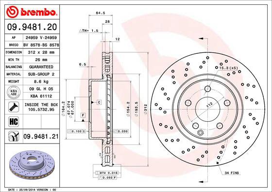 

BREMBO brzdový kotouč 09.9481.21, sada 2 ks