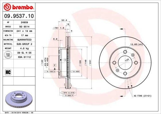 

BREMBO brzdový kotouč 09.9537.10, sada 2 ks