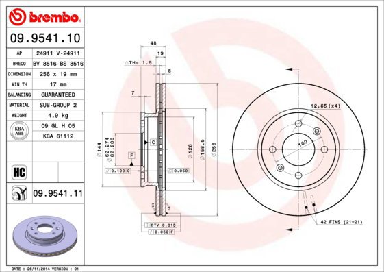 

BREMBO brzdový kotouč 09.9541.11, sada 2 ks