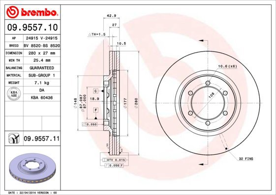

BREMBO brzdový kotouč 09.9557.11, sada 2 ks