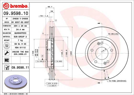 

BREMBO brzdový kotouč 09.9598.11, sada 2 ks