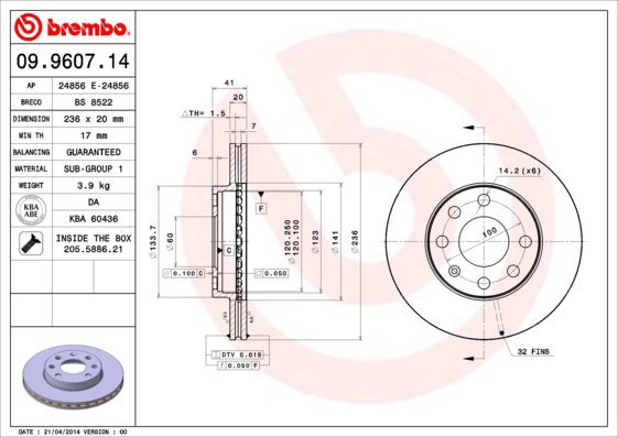 

BREMBO brzdový kotouč 09.9607.14, sada 2 ks