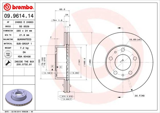 

BREMBO brzdový kotouč 09.9614.14, sada 2 ks